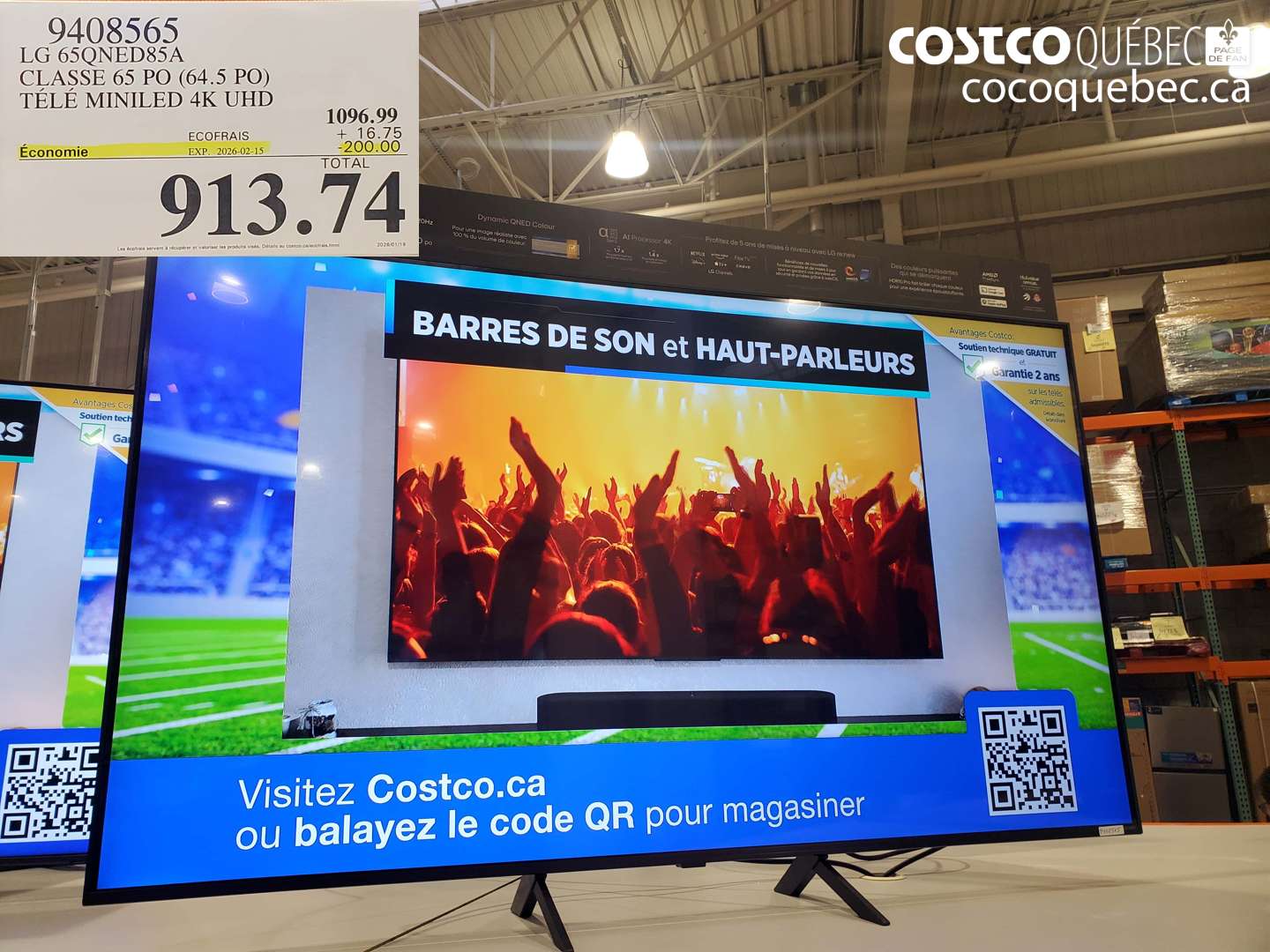 9408565 LG 65QNED85A CLASSE 65 PO (64.5 PO) TÉLÉ MINILED 4K UHD ($200.00 INSTANT SAVINGS EXPIRES ON 2026-02-15) $913.74