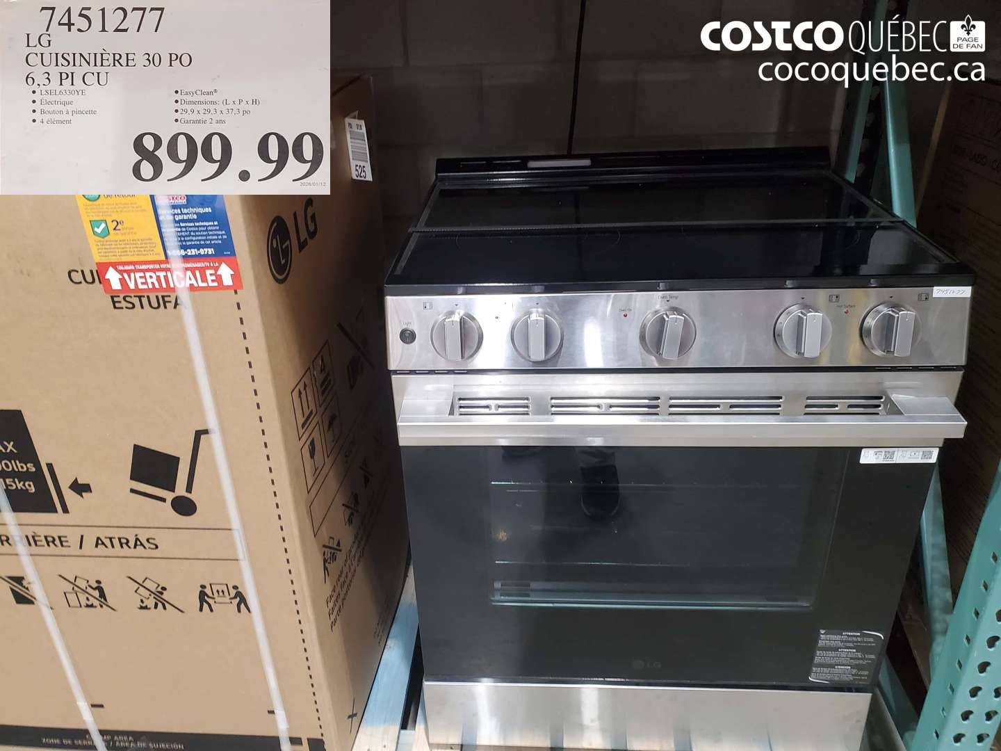 7451277 LG CUISINIÈRE 30 PO 6,3 PI CU $899.99