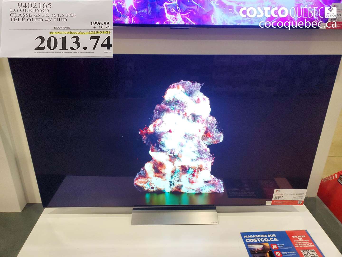 9402165 LG OLED65C5C5 CLASSE 65 PO (64,5 PO) TÉLÉ OLED 4K UHD (EXPIRES ON 2026-01-29) $2013.74