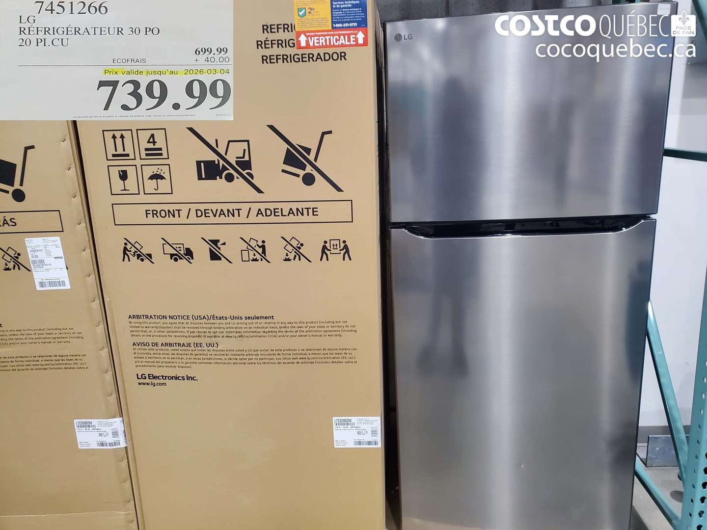 7451266 LG RÉFRIGÉRATEUR 30 PO 20 PI.CU (EXPIRES ON 2026-03-04) $739.99