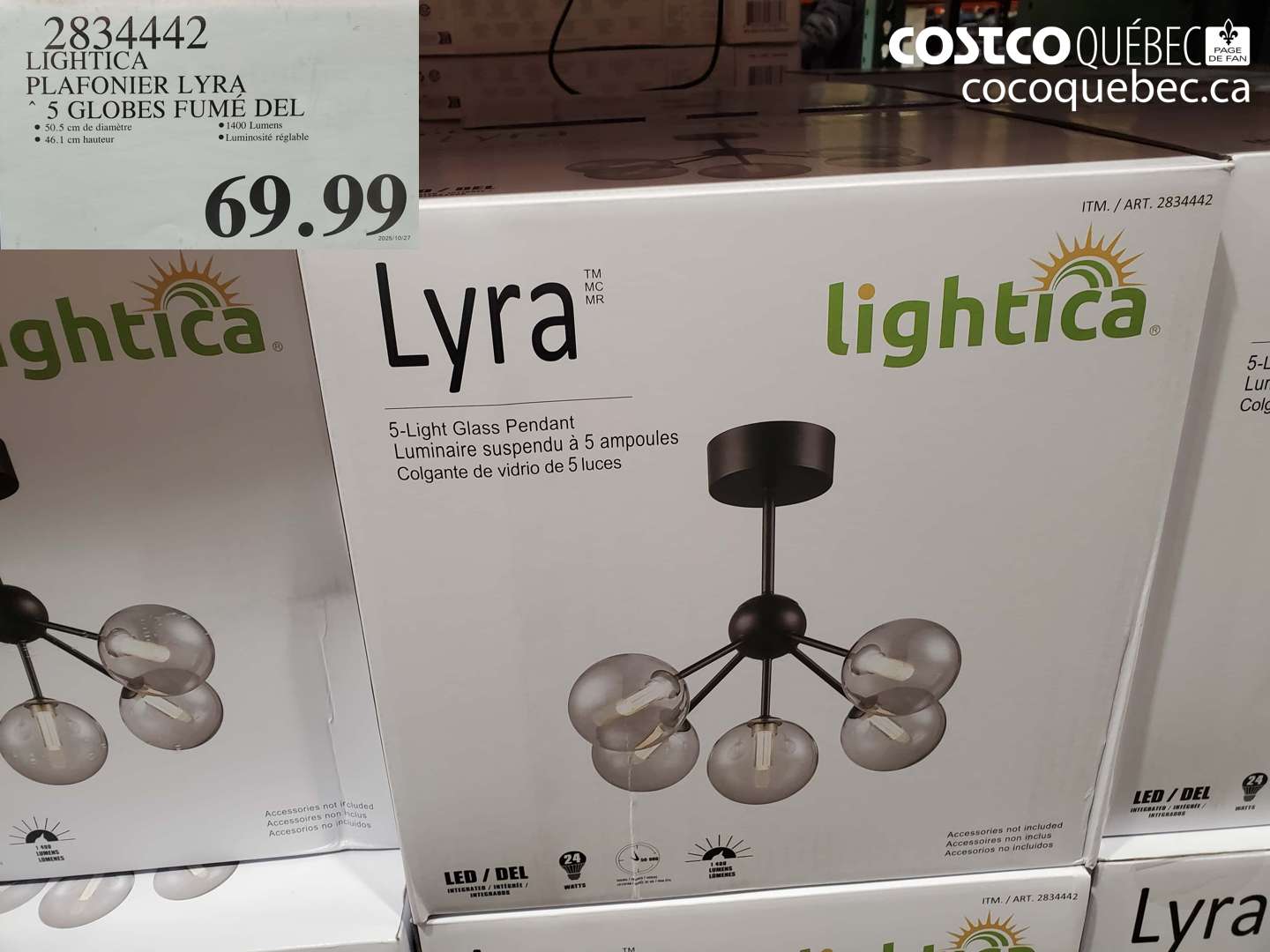 2834442 LIGHTICA PLAFONIER LYRA 5 GLOBES FUMÉ DEL $69.99