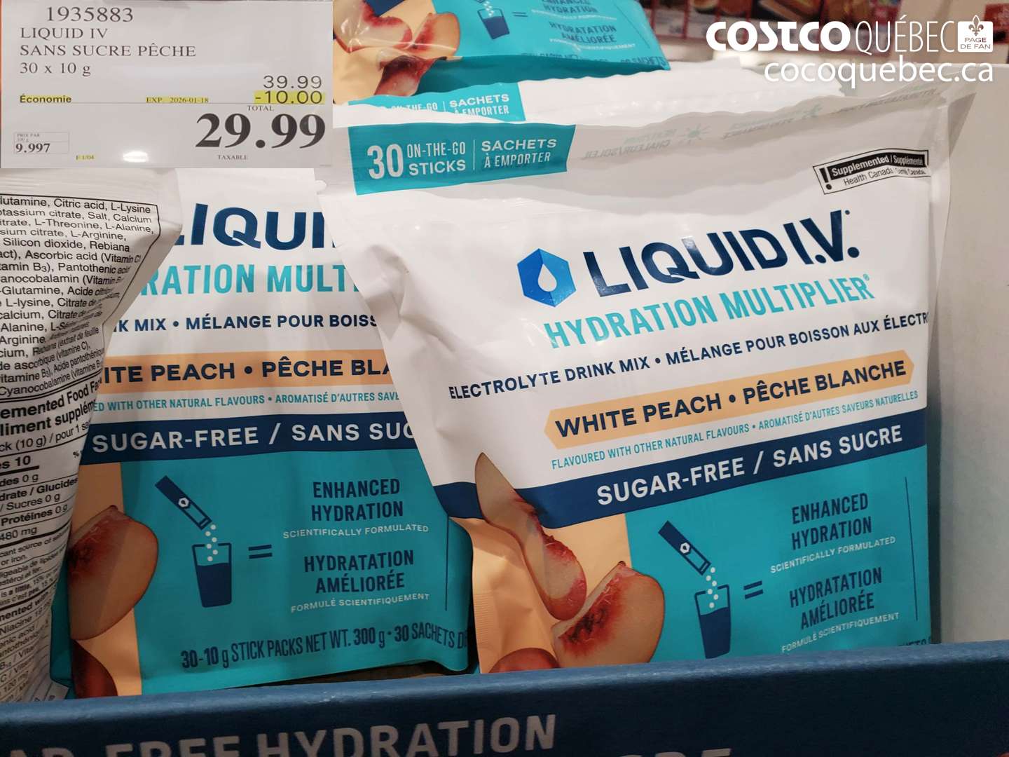 1935883 LIQUID IV SANS SUCRE PÊCHE 30 x 10 g ($10.00 INSTANT SAVINGS EXPIRES ON 2026-01-18) $29.99