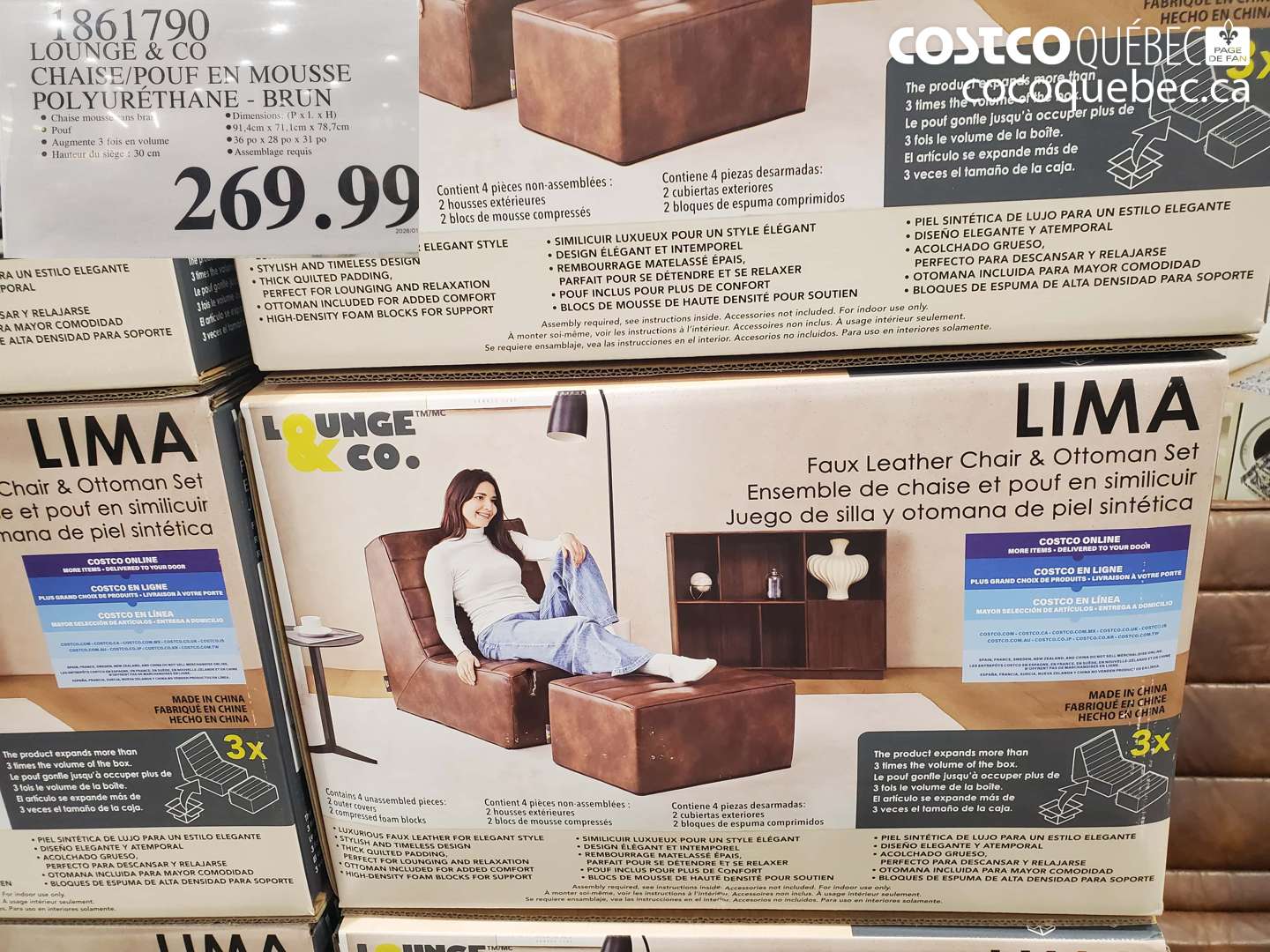 1861790 LOUNGE & CO CHAISE/POUF EN MOUSSE POLYURETHANE - BRUN $269.99