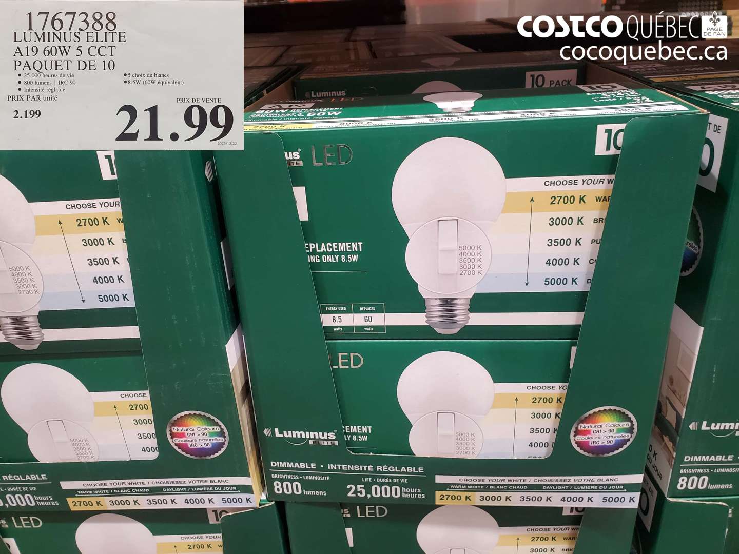 1767388 LUMINUS ELITE A19 60W 5 CCT PAQUET DE 10  $21.99