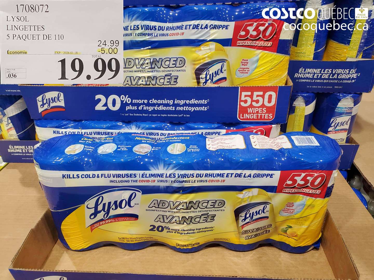 1708072 LYSOL LINGETTES 5 PAQUET DE 110 ($5.00 INSTANT SAVINGS EXPIRES ON 2026-01-18) $19.99
