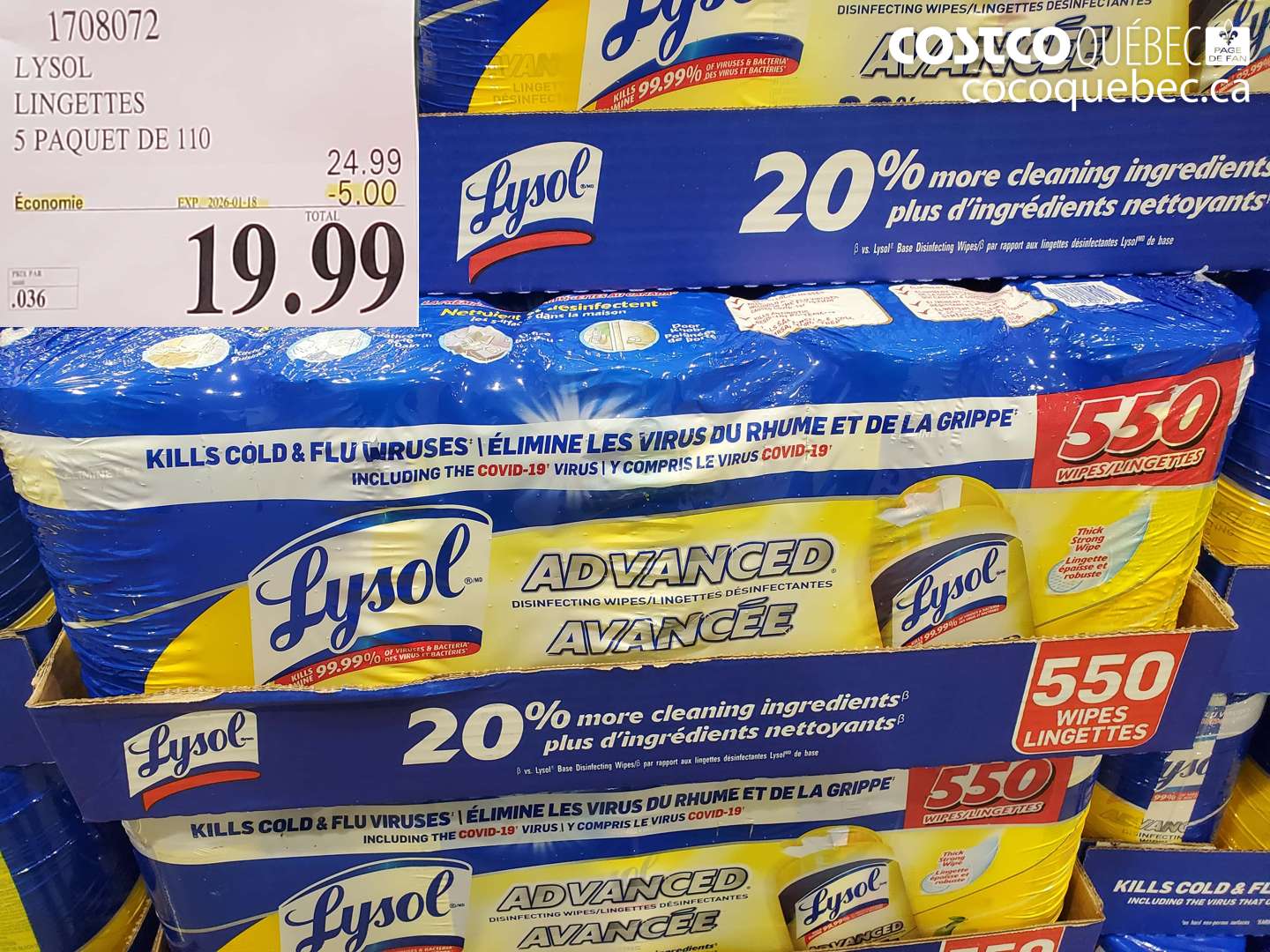 1708072 LYSOL LINGETTES 5 PAQUET DE 110 ($5.00 INSTANT SAVINGS EXPIRES ON 2026-01-18) $19.99