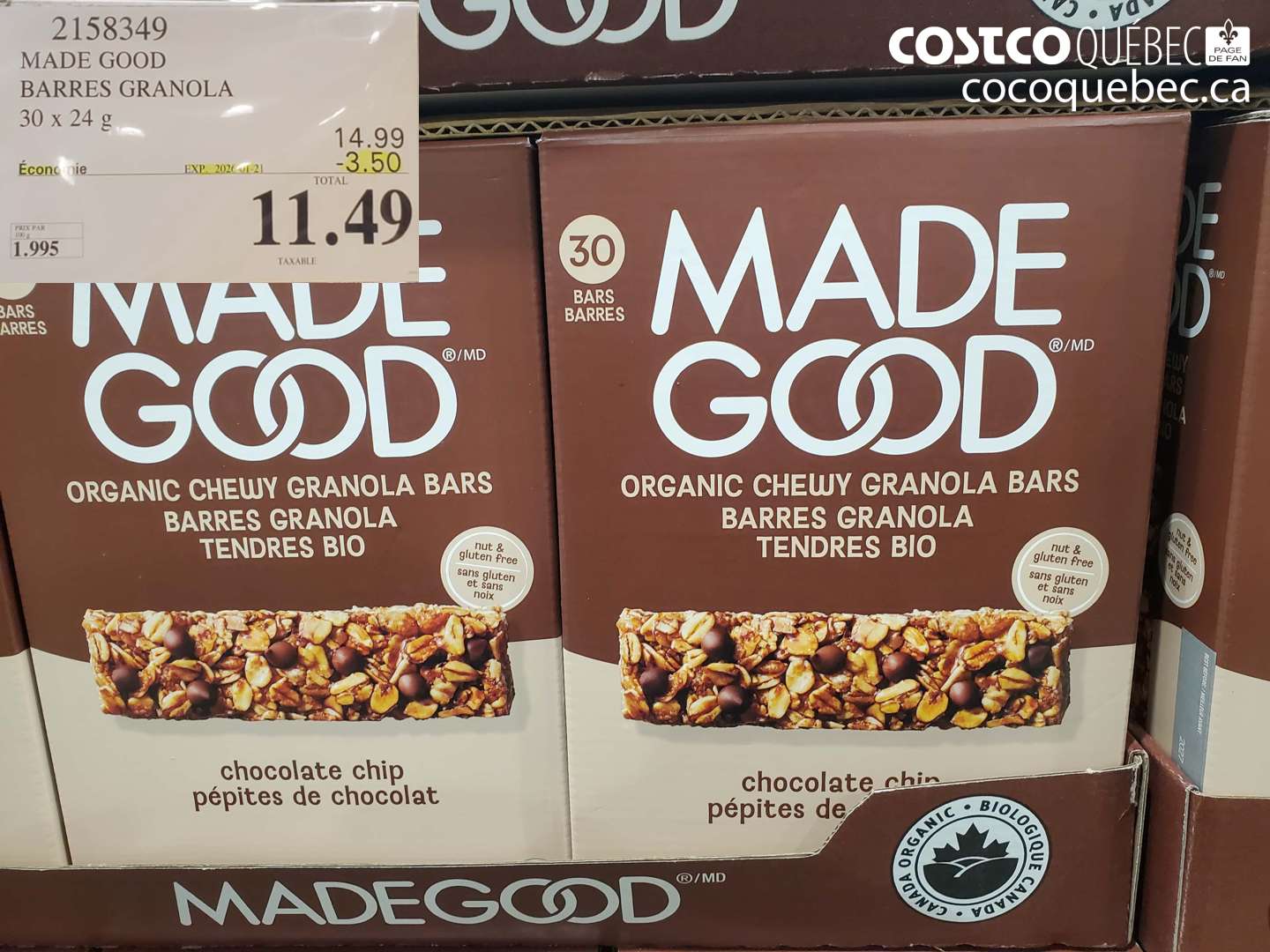 2158349 MADE GOOD BARRES GRANOLA 30 x 24 g ($3.50 INSTANT SAVINGS EXPIRES ON 2026-01-21) $11.49