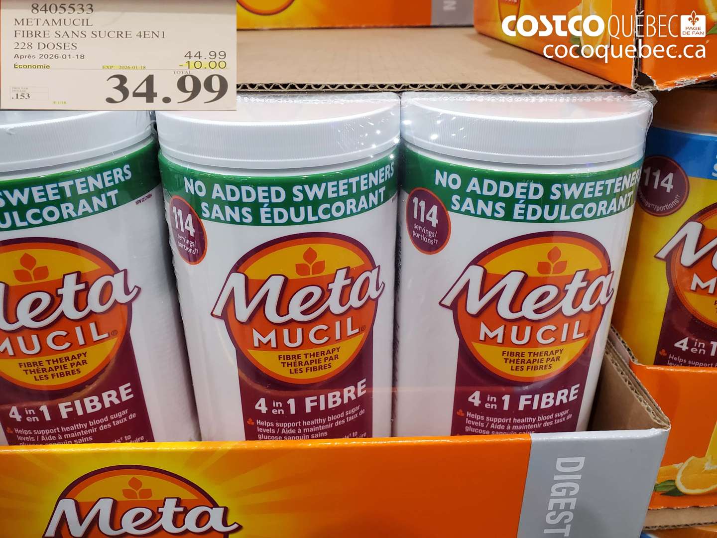 8405533 METAMUCIL FIBRE SANS SUCRE 4EN1 228 DOSES ($10.00 INSTANT SAVINGS EXPIRES ON 2026-01-18) $34.99