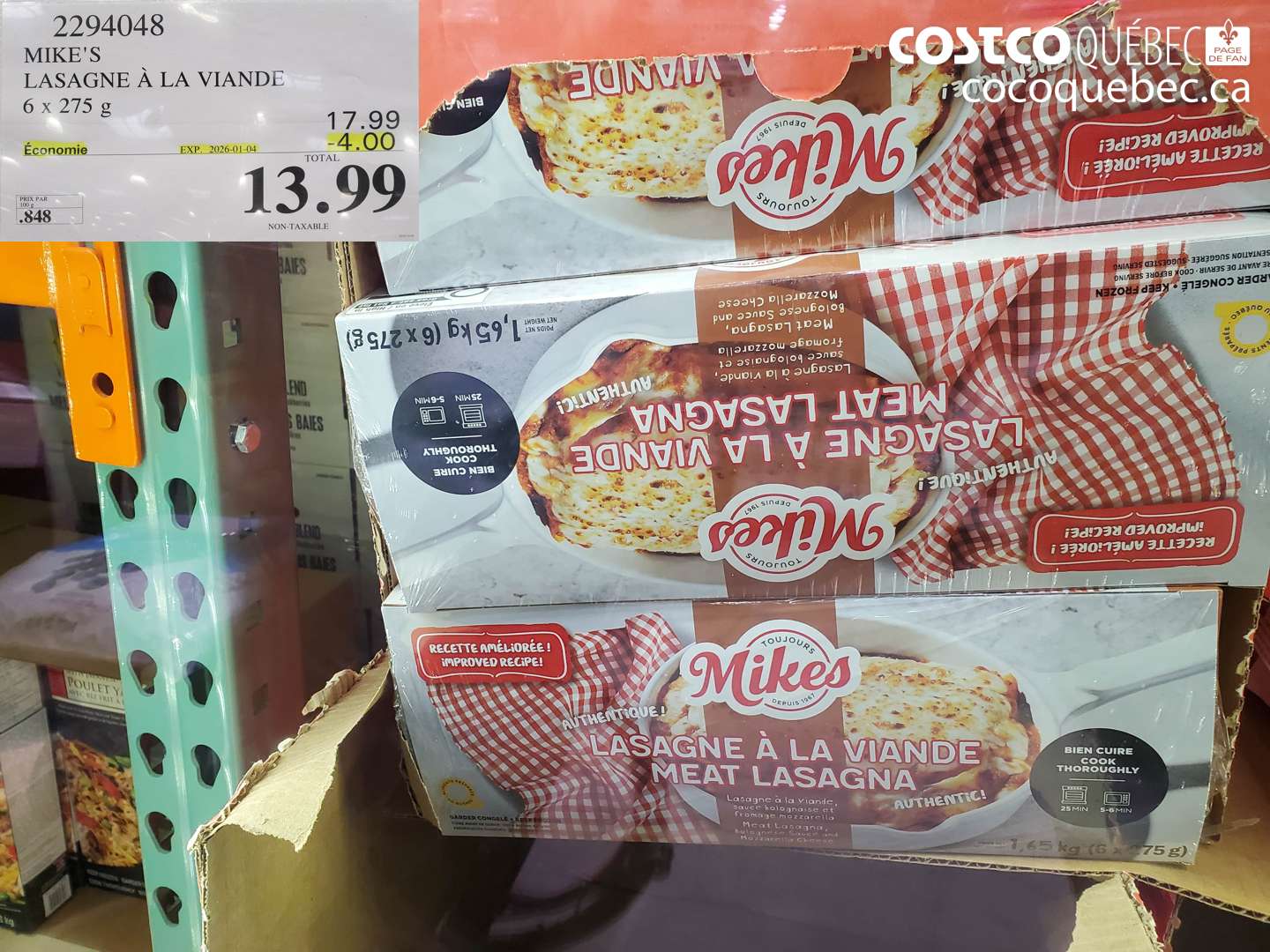 2294048 MIKE'S LASAGNE À LA VIANDE 6 x 275 g ($4.00 INSTANT SAVINGS EXPIRES ON 2026-01-04) $13.99