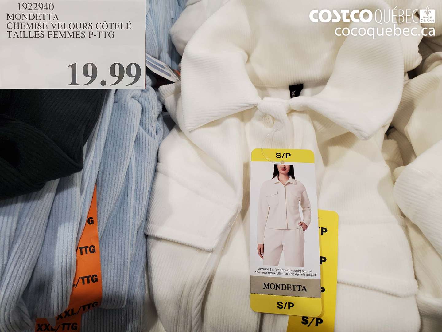 1922940 MONDETTA CHEMISE VELOURS CÔTELÉ TAILLES FEMMES P-PTG $19.99