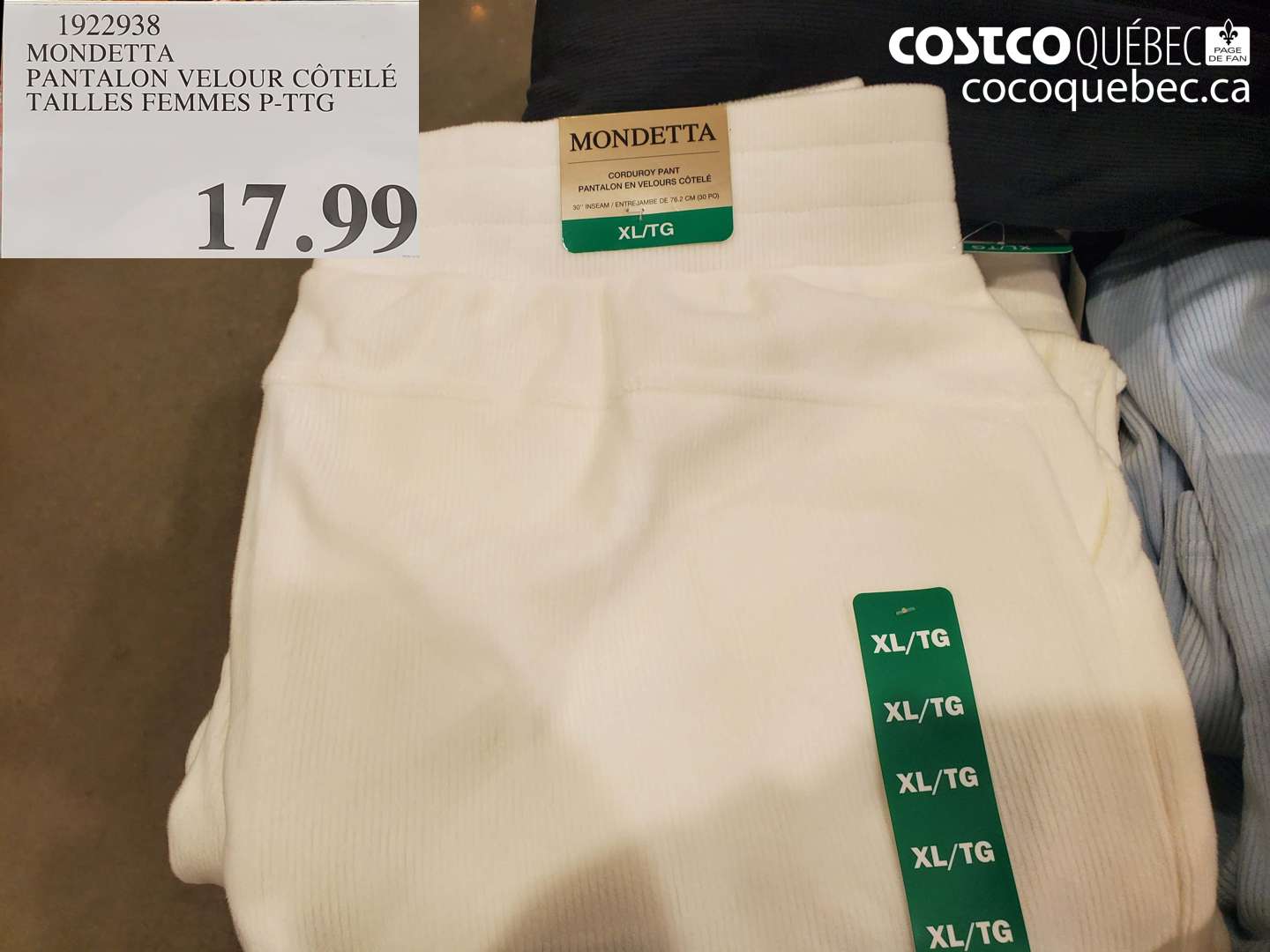 1922938 MONDETTA PANTALON VELOUR CÔTELÉ TAILLES FEMMES P-PTG $17.99