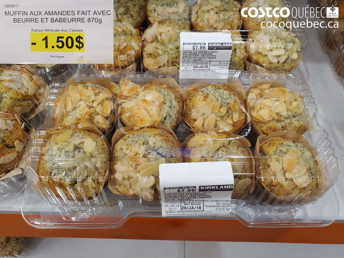 1989911 MUFFIN AUX AMANDES FAIT AVEC BEURRE ET BABEURRE 870g ($1.50 INSTANT SAVINGS) $7.99