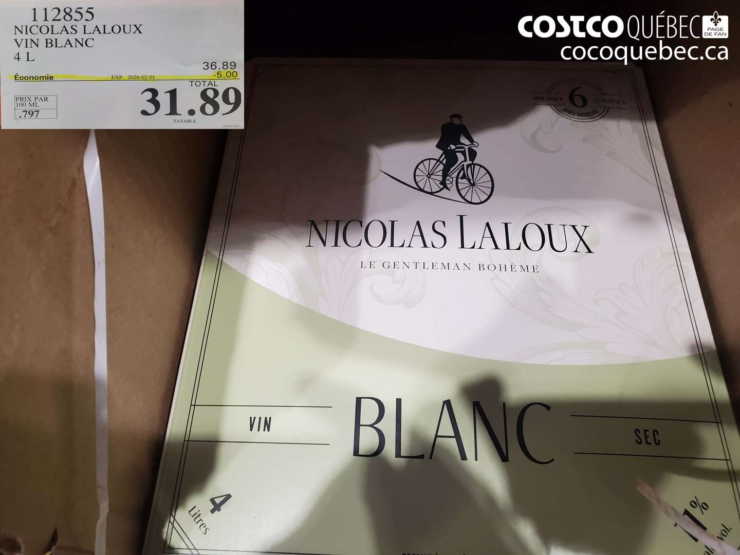 112855 NICOLAS LALOUX VIN BLANC 4 L ($5.00 INSTANT SAVINGS EXPIRES ON 2026-02-01) $37.89