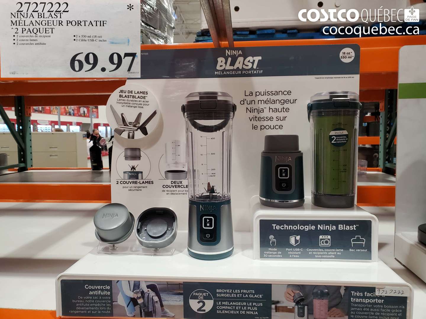 2727222 NINJA BLAST MÉLANGEUR PORTATIF 2 PAQUET $69.97