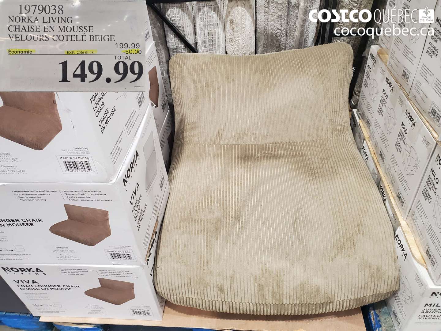 1979038 NORKA LIVING CHAISE EN MOUSSE VELOURS COTELE BEIGE ($50.00 INSTANT SAVINGS EXPIRES ON 2026-01-18) $149.99