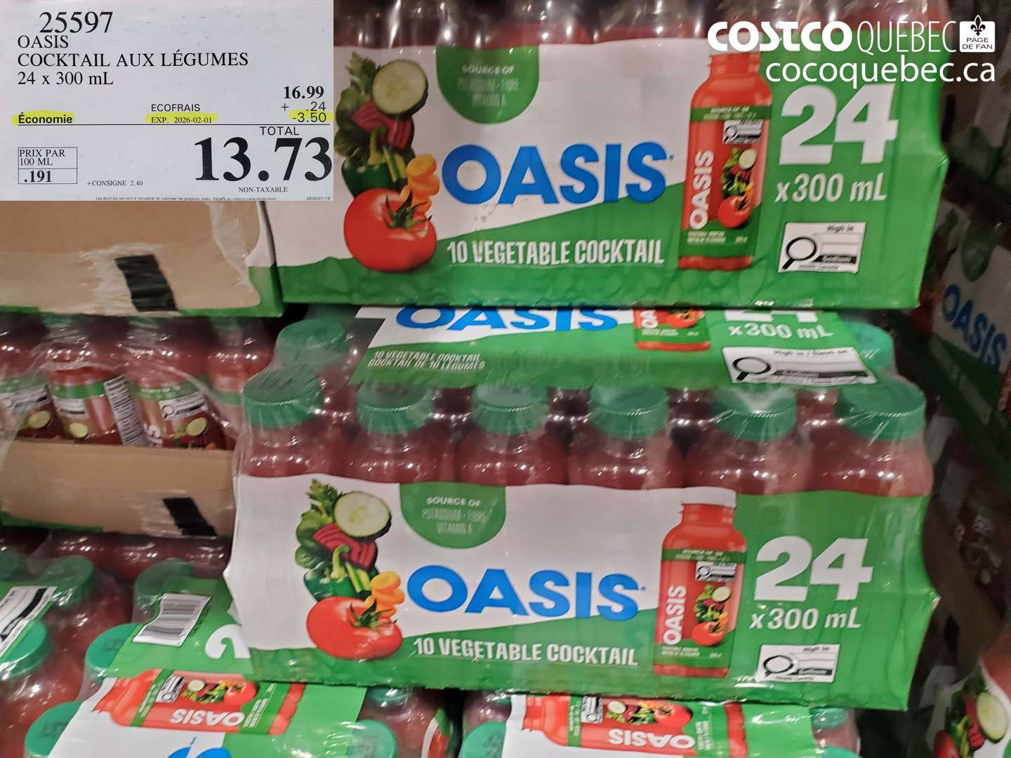 25597 OASIS COCKTAIL AUX LEGUMES 24 x 300 mL ($3.50 INSTANT SAVINGS EXPIRES ON 2026-02-01) $13.73
