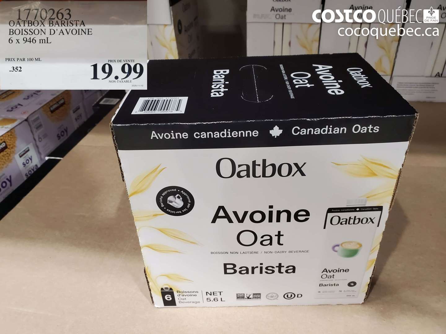 1770263 OATBOX BARISTA BOISSON D'AVOINE 6 x 946 mL $19.99