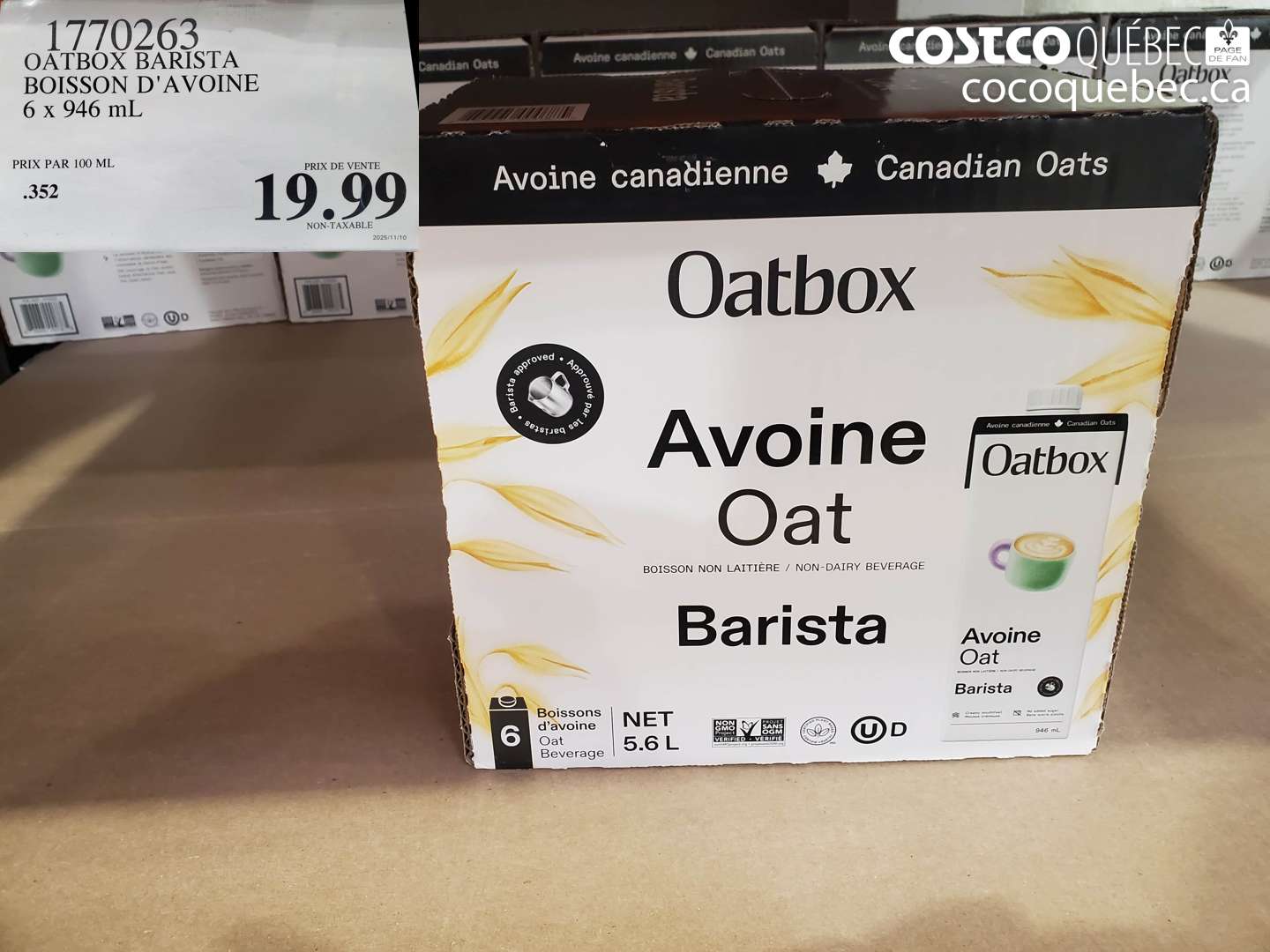 1770263 OATBOX BARISTA BOISSON D'AVOINE 6 x 946 ml $19.99