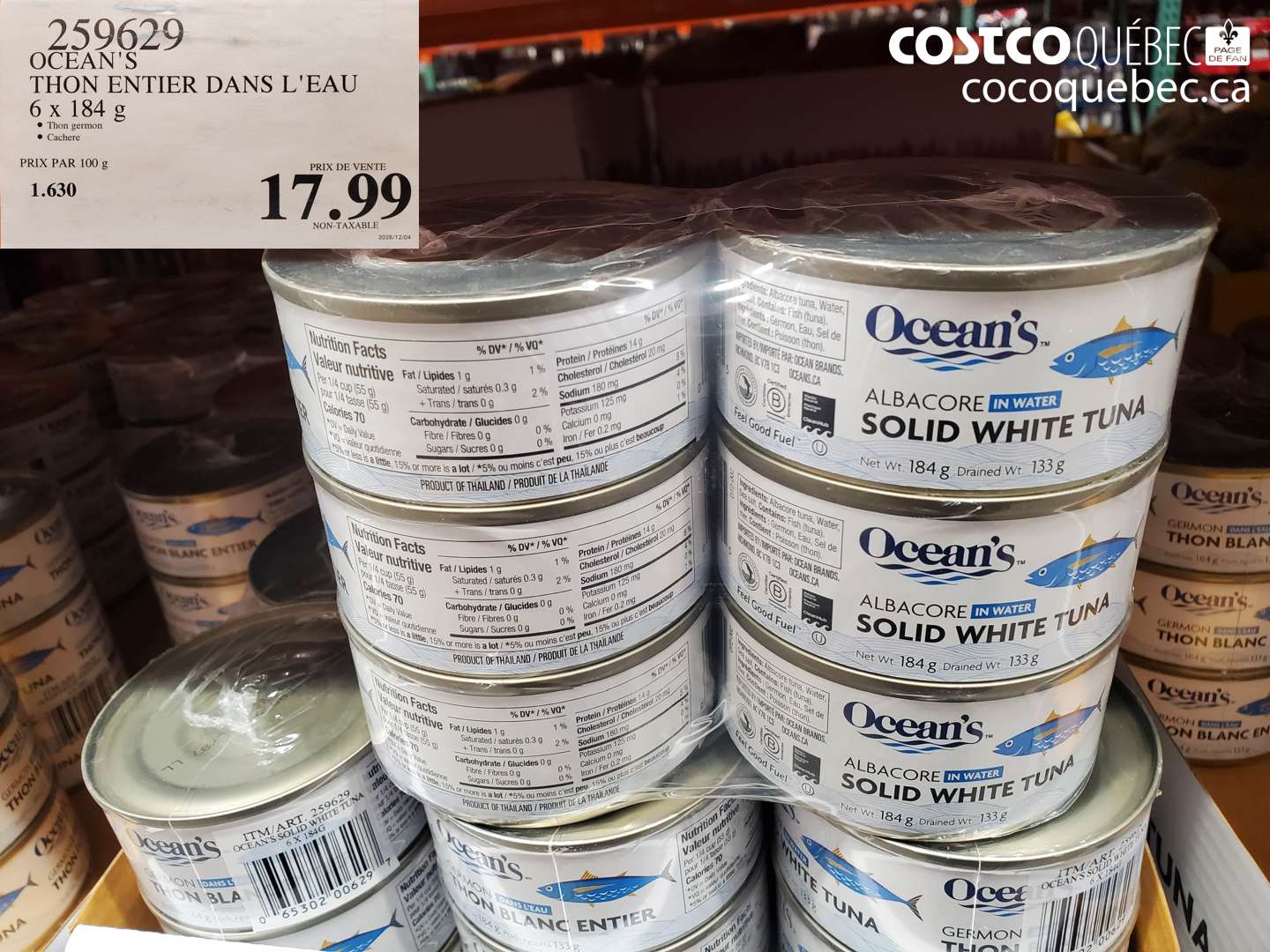 259629 OCEAN'S THON ENTIER DANS L'EAU 6 x 184 g $17.99