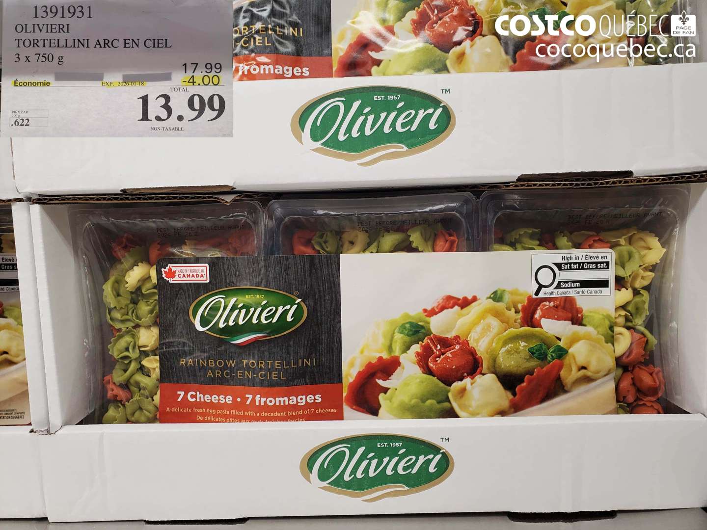 1391931 OLIVIERI TORTELLINI ARC EN CIEL 3 x 750 g ($4.00 INSTANT SAVINGS EXPIRES ON 2026-01-18) $13.99
