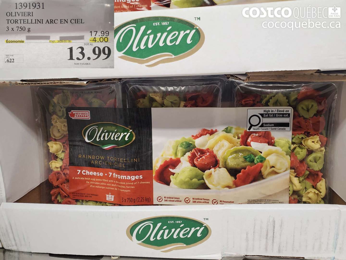 1391931 OLIVIERI TORTELLINI ARC EN CIEL 3 x 750 g ($4.00 INSTANT SAVINGS EXPIRES ON 2026-01-18) $13.99