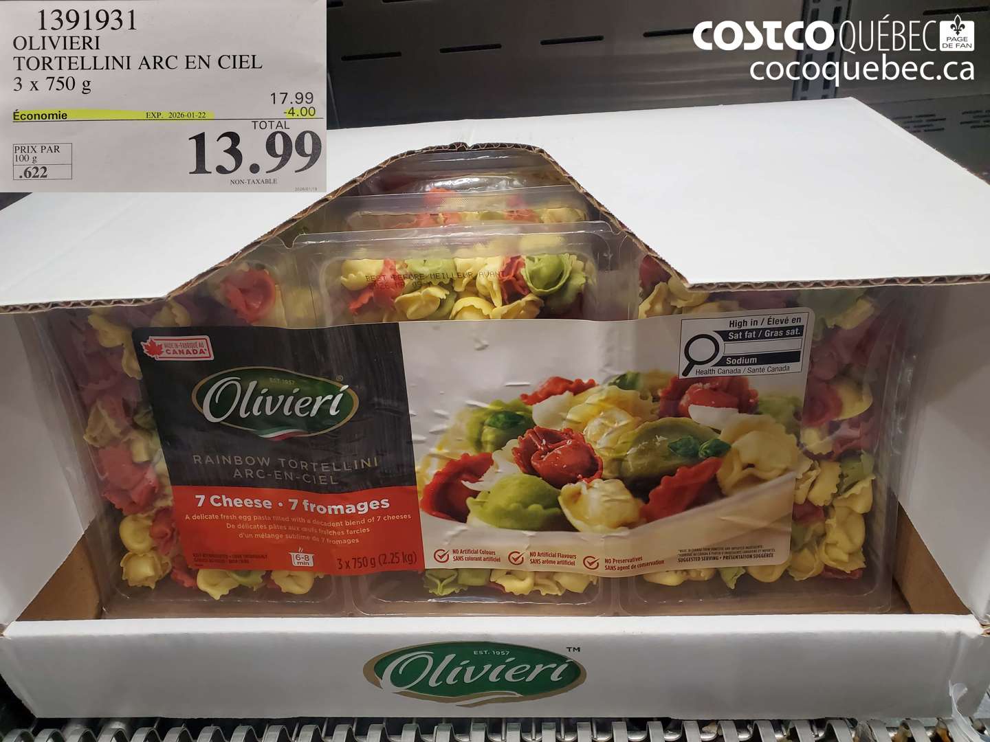 1391931 OLIVIERI TORTELLINI ARC EN CIEL 3 x 750 g ($4.00 INSTANT SAVINGS EXPIRES ON 2026-01-22) $13.99