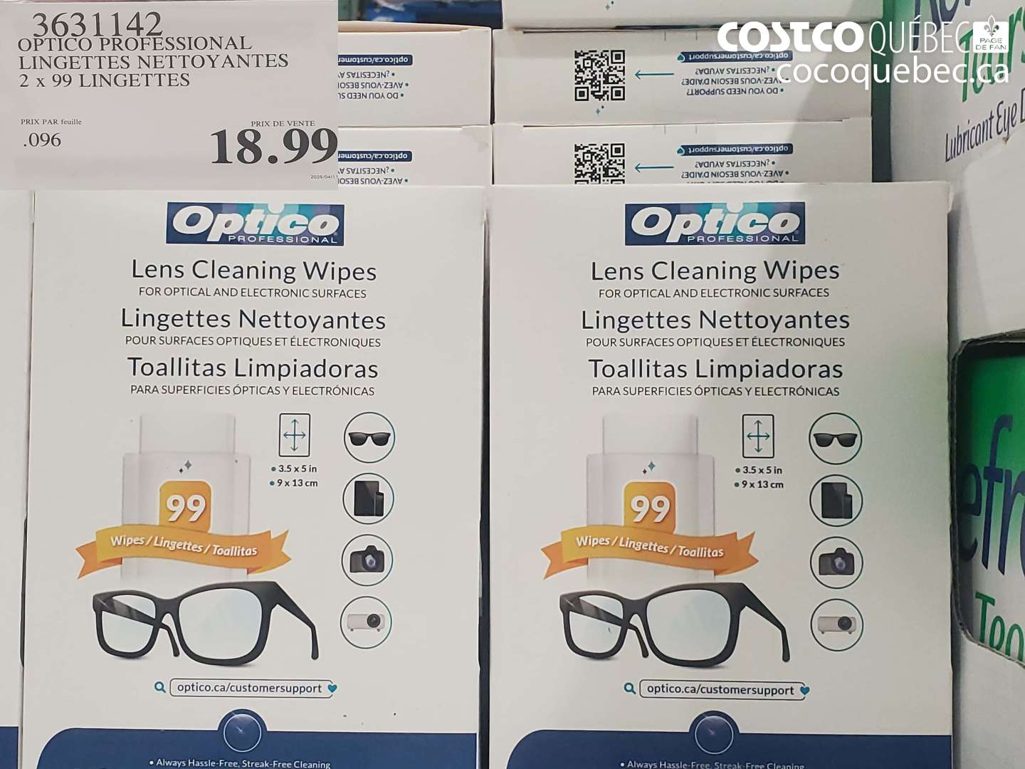 3631142 OPTICO PROFESSIONNAL LINGETTES NETTOYANTES 2 x 99 LINGETTES $18.99