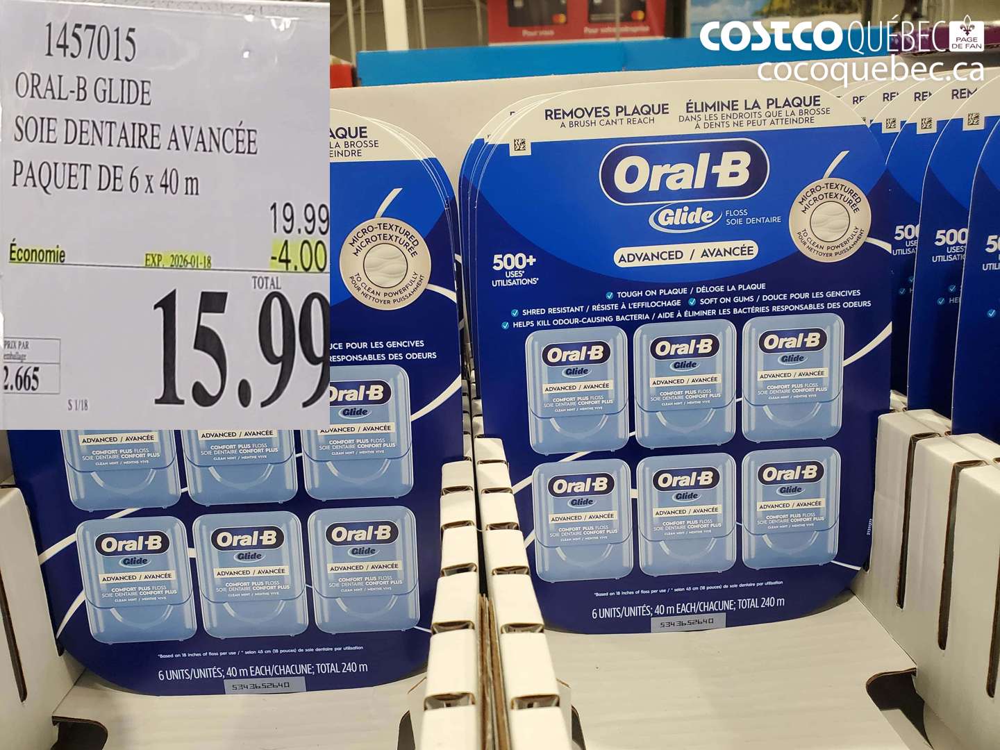 1457015 ORAL-B GLIDE SOIE DENTAIRE AVANCÉE PAQUET DE 6 x 40 m ($4.00 INSTANT SAVINGS EXPIRES ON 2026-01-18) $15.99