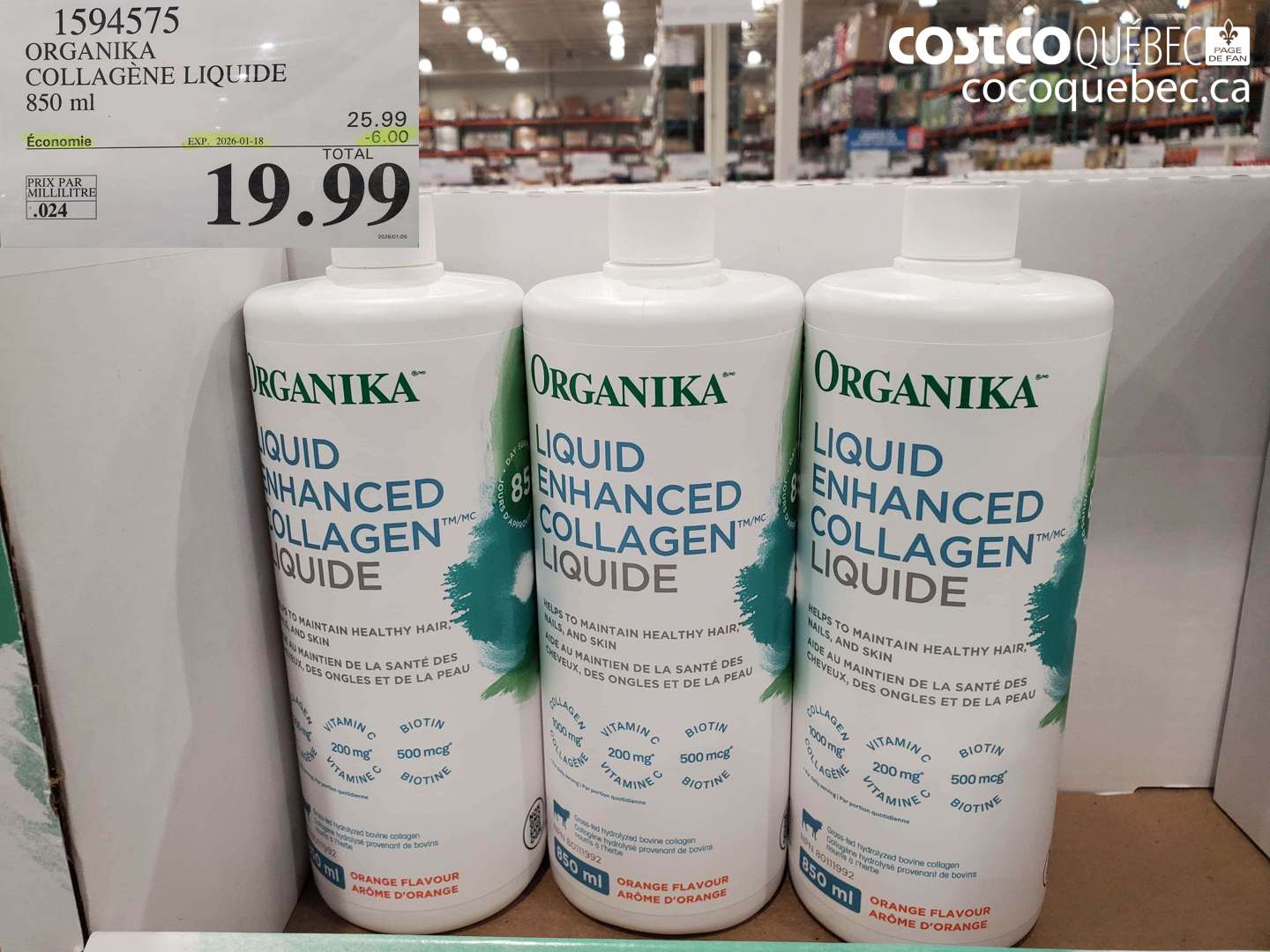 1594575 ORGANI KA COLLAGÈNE LIQUIDE 850 ml ($6.00 INSTANT SAVINGS EXPIRES ON 2026-01-18) $19.99