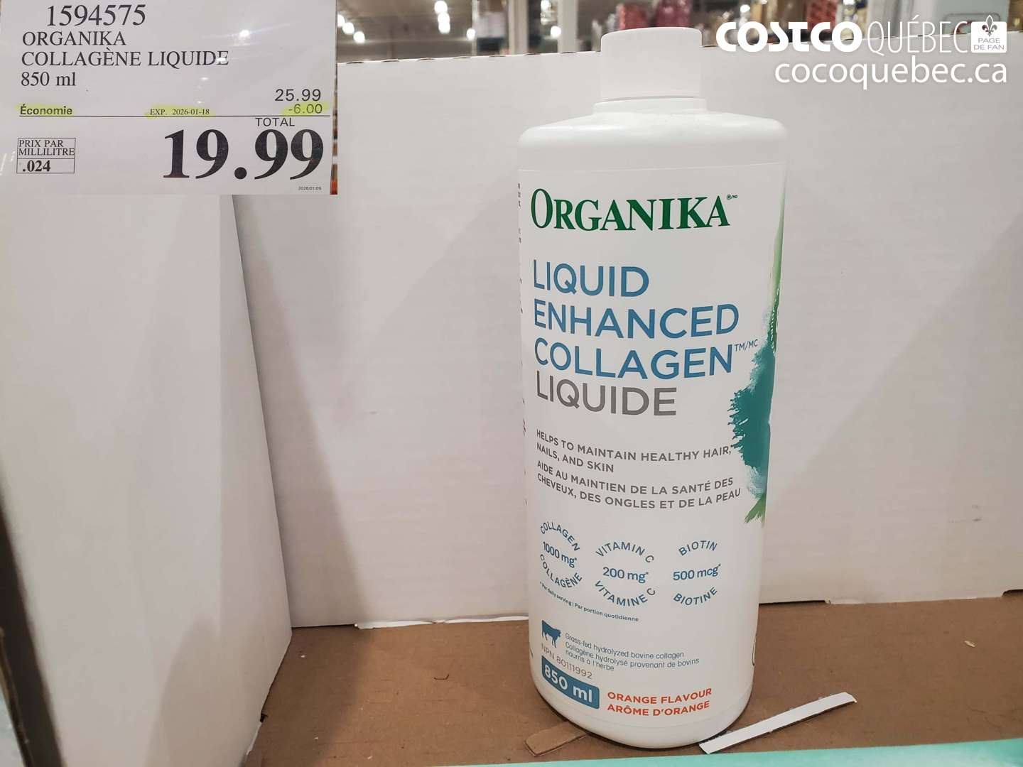 1594575 ORGANI KA COLLAGÈNE LIQUIDE 850 ml ($6.00 INSTANT SAVINGS EXPIRES ON 2026-01-18) $19.99