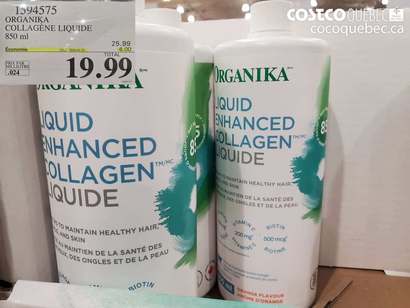 1594575 ORGANI KA COLLAGÈNE LIQUIDE 850 ml ($6.00 INSTANT SAVINGS EXPIRES ON 2026-01-25) $19.99