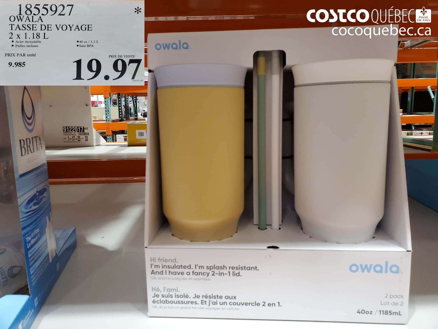 1855927 OWALA TASSE DE VOYAGE 2 x 1.18 L $19.97