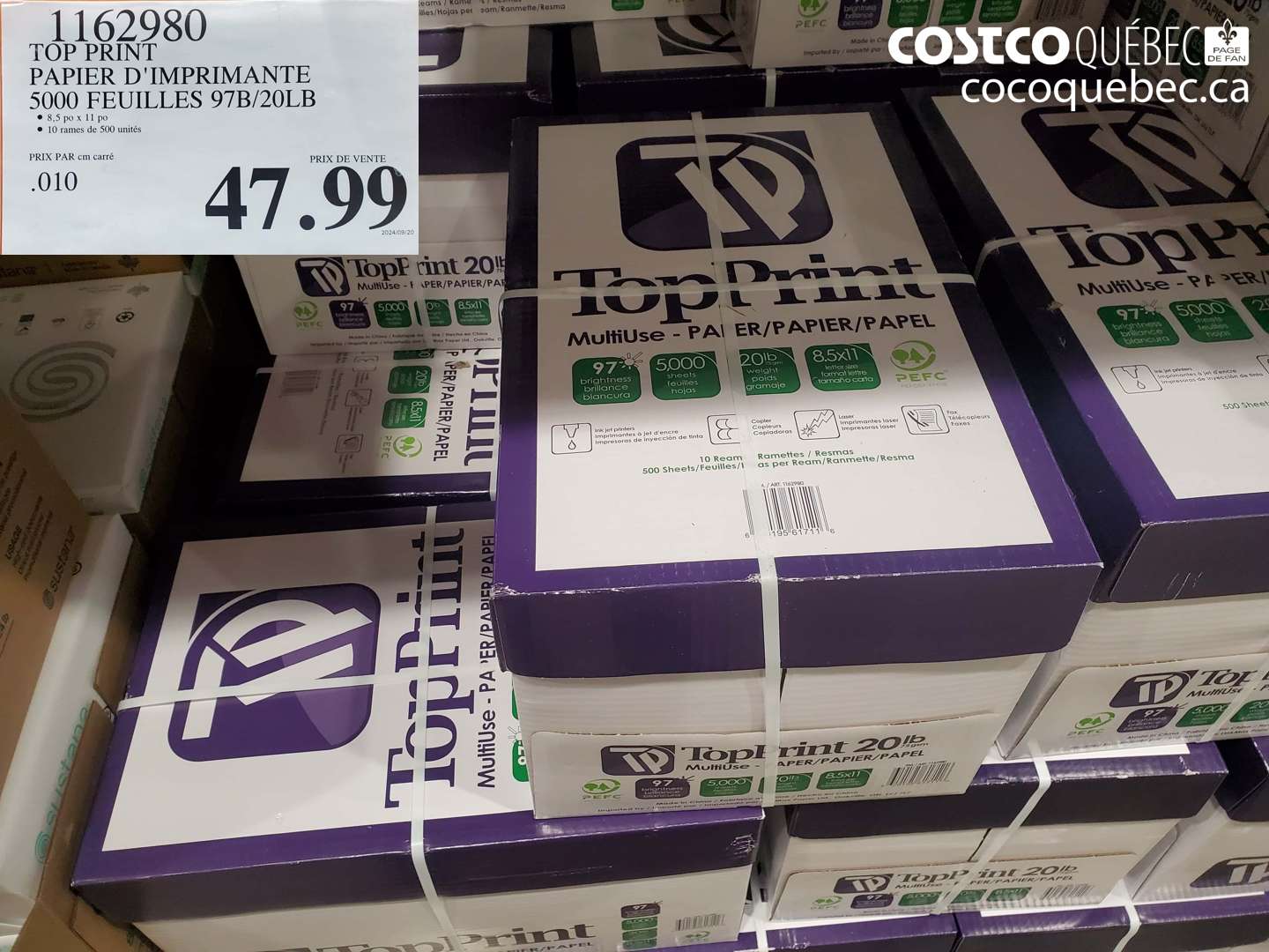 1162980 PAPIER L'IMPRESSION 97B - 20LB 5000 FEUILLES / LETTRE  $47.99