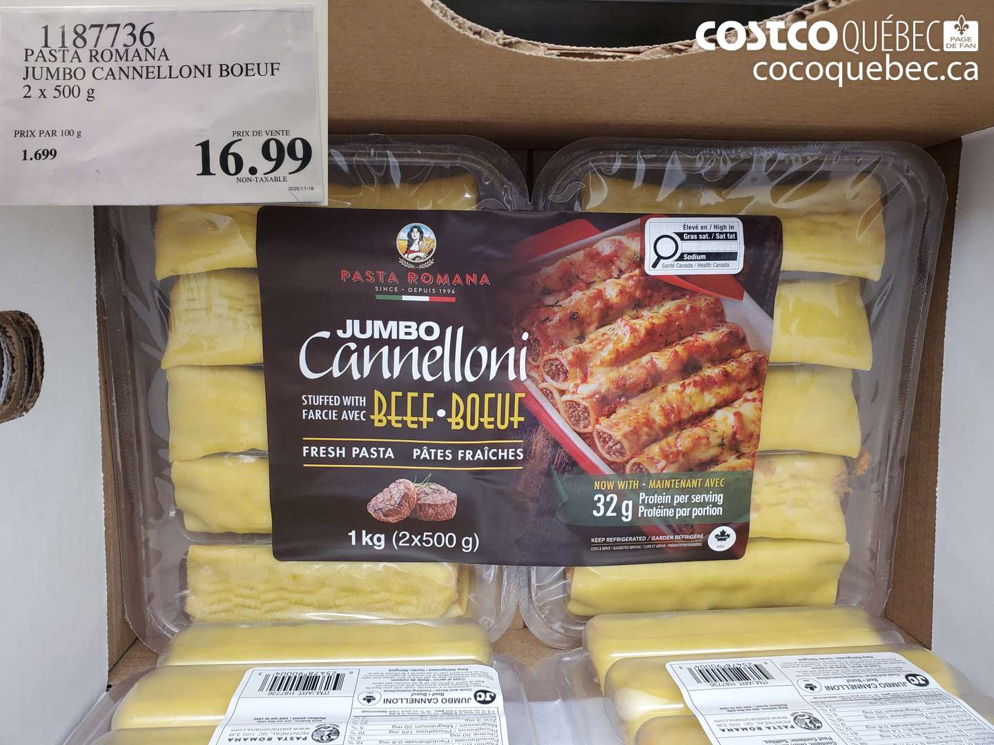 1187736 PASTA ROMANA JUMBO CANNELLONI BOEUF 2 x 500 g $16.99