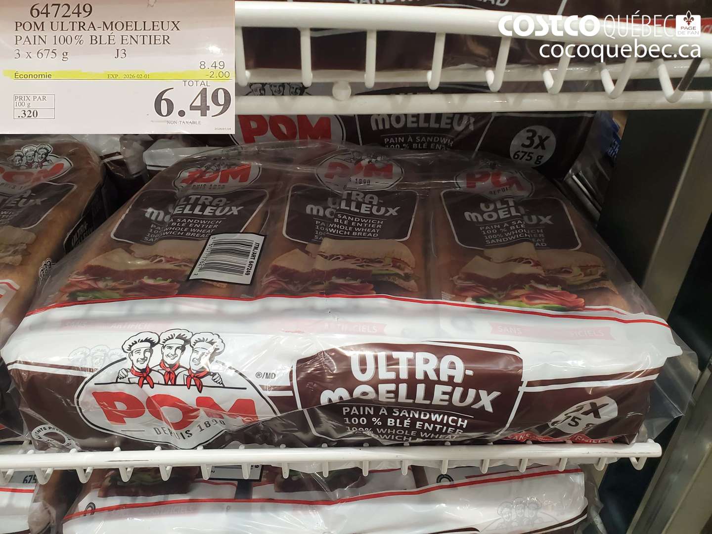647249 POM ULTRA-MOELLEUX PAIN 100% BLÉ ENTIER 3 x 675 g ($2.00 INSTANT SAVINGS EXPIRES ON 2026-02-01) $6.49