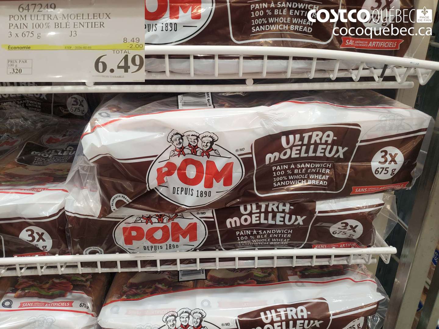 647249 POM ULTRA-MOELLEUX PAIN 100% BLÉ ENTIER 3 x 675 g ($2.00 INSTANT SAVINGS EXPIRES ON 2026-02-01) $6.49