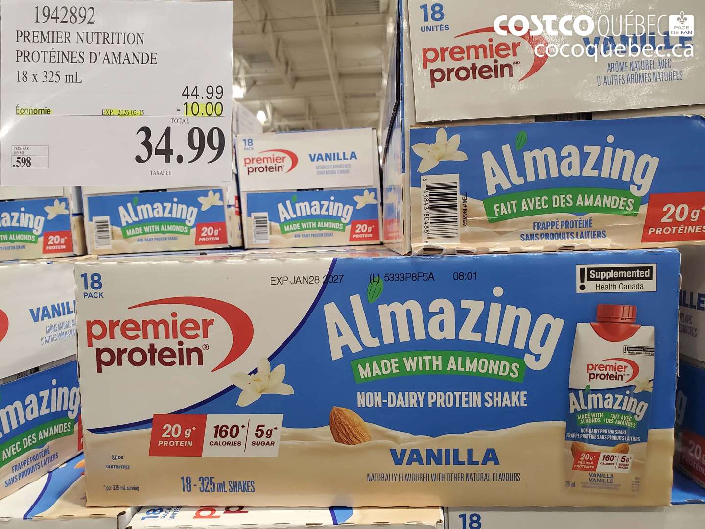 1942892 PREMIER NUTRITION PROTEINES D'AMANDE 18 x 325 mL ($10.00 INSTANT SAVINGS EXPIRES ON 2026-02-15) $34.99