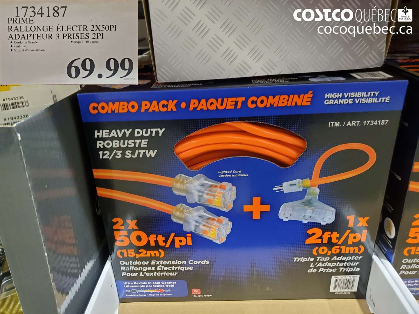 1734187 PRIME RALLONGE ELECTR 2X50PI ADAPTEUR 3 PRISES 2PI $69.99