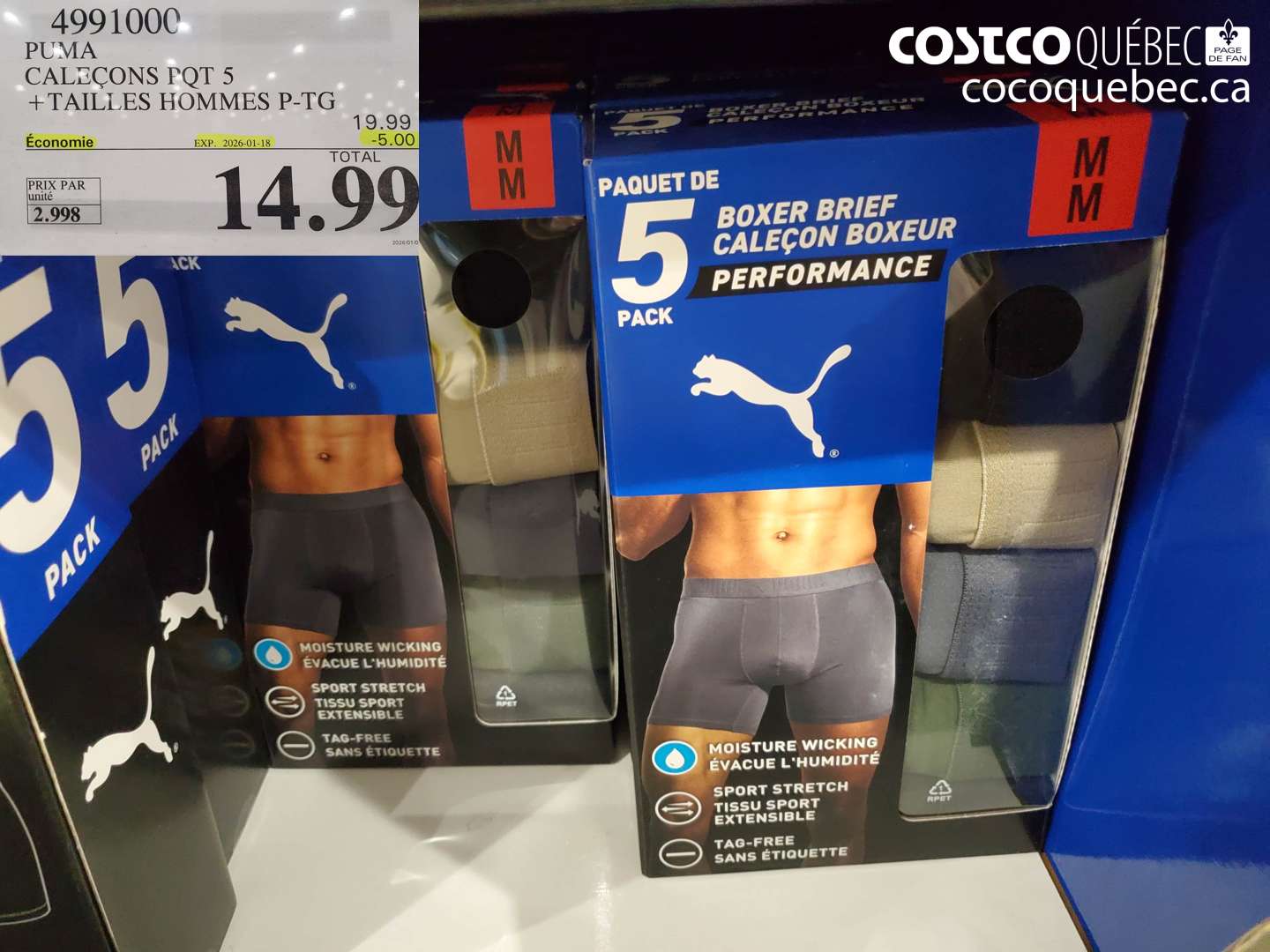 4991000 PUMA CALECONS PQT 5 + TAILLES HOMMES P-TG ($5.00 INSTANT SAVINGS EXPIRES ON 2026-01-18) $14.99