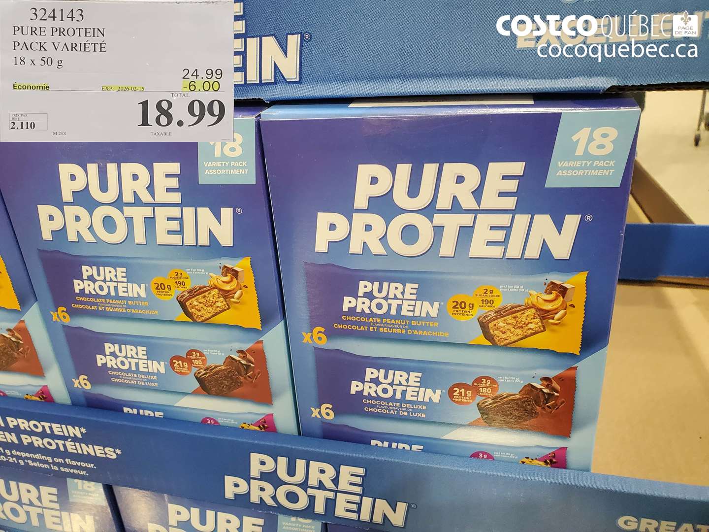 324143 PURE PROTEIN PAQUET VARIE 18x50 g ($6.00 INSTANT SAVINGS EXPIRES ON 2026-02-15) $18.99