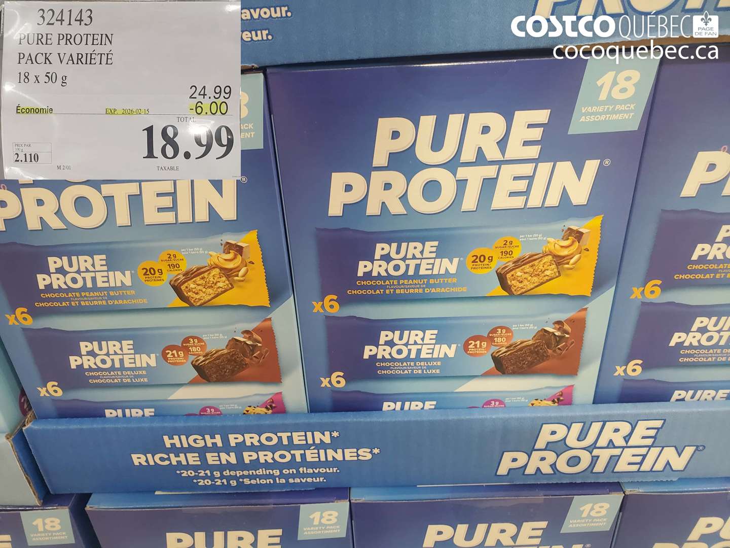 324143 PURE PROTEIN PAQUET VARIE 18x50 g ($6.00 INSTANT SAVINGS EXPIRES ON 2026-02-15) $18.99