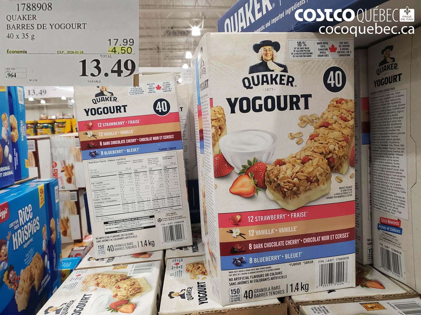 1788908 QUAKER BARRES DE YOGOURT 40 x 35 g ($4.50 INSTANT SAVINGS EXPIRES ON 2026-01-18) $13.49