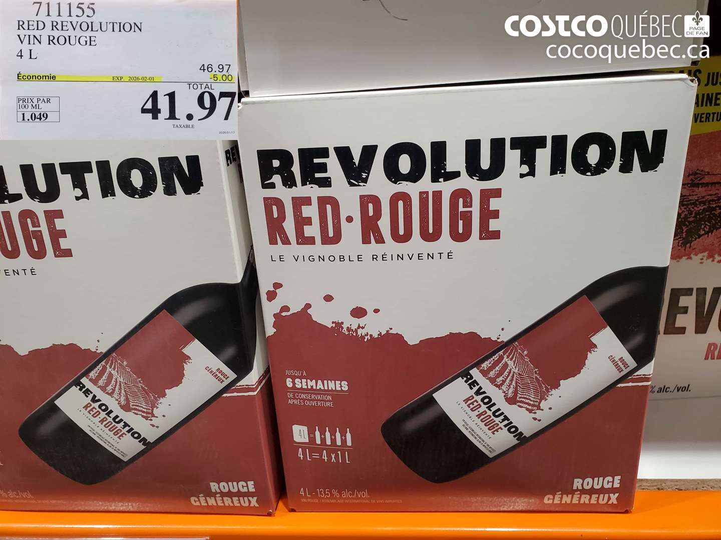 711155 RED REVOLUTION VIN ROUGE 4 L ($5.00 INSTANT SAVINGS EXPIRES ON 2026-02-01) $41.97