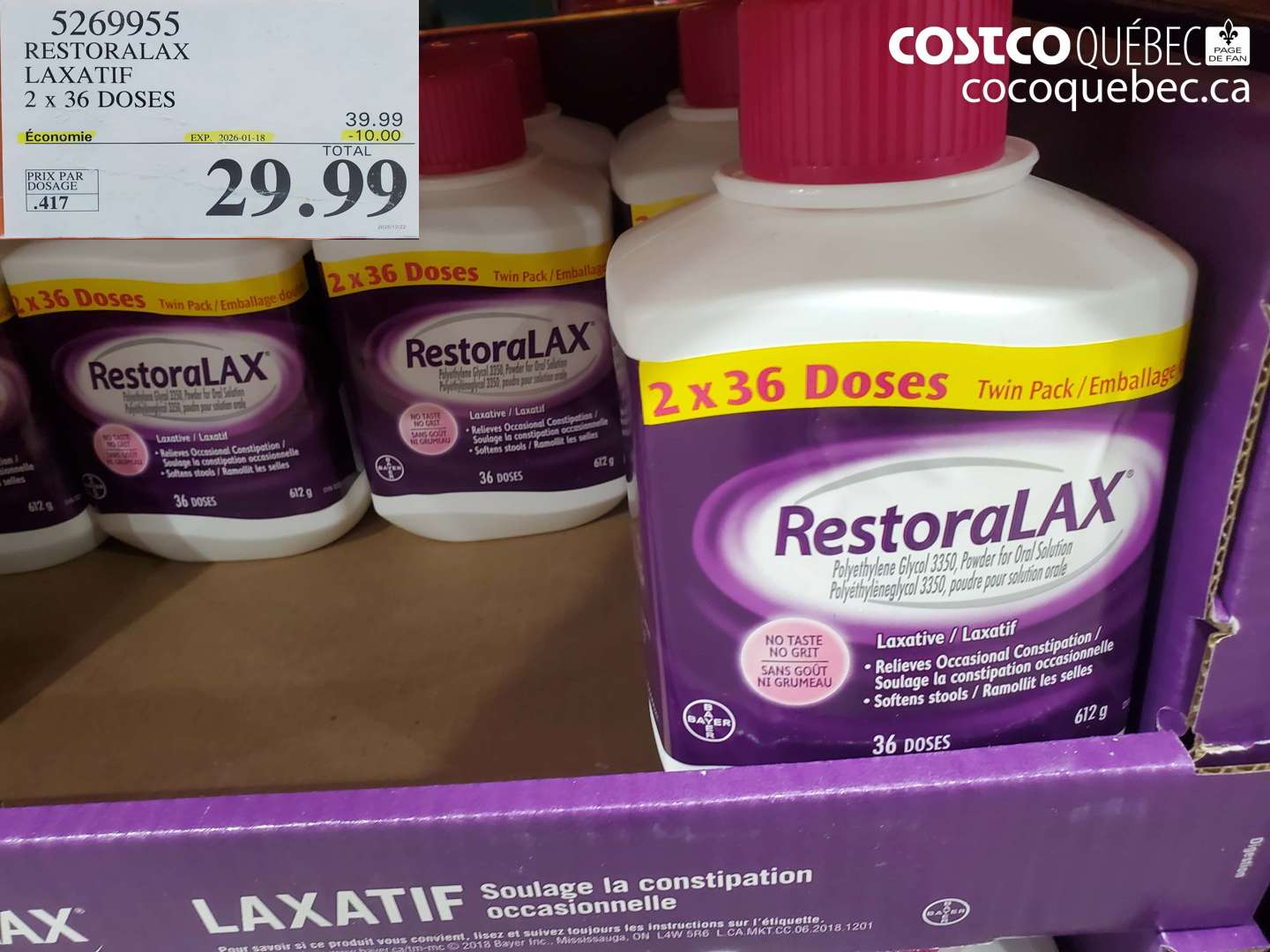 5269955 RESTORALAX LAXATIF 2 x 36 DOSES ($10.00 INSTANT SAVINGS EXPIRES ON 2026-01-18) $29.99