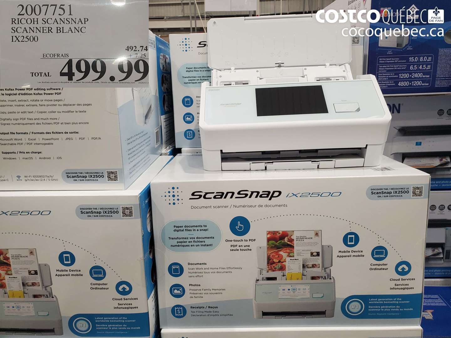 2007751 RICOH SCANSNAP SCANNER BLANC 1X2500 $499.99