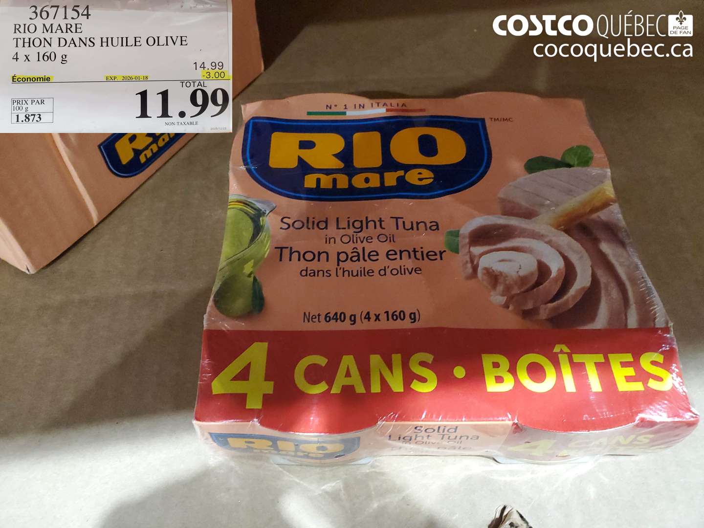 367154 RIO MARE THON DANS HUILE OLIVE 4 x 160 g ($3.00 INSTANT SAVINGS EXPIRES ON 2026-01-18) $11.99