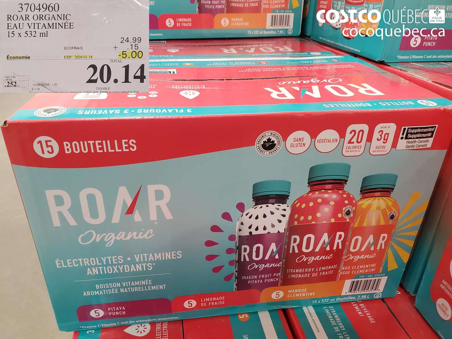 3704960 ROAR ORGANIC EAU VITAMINÉE 15 x 532 ml ($5.00 INSTANT SAVINGS EXPIRES ON 2026-01-18) $20.14