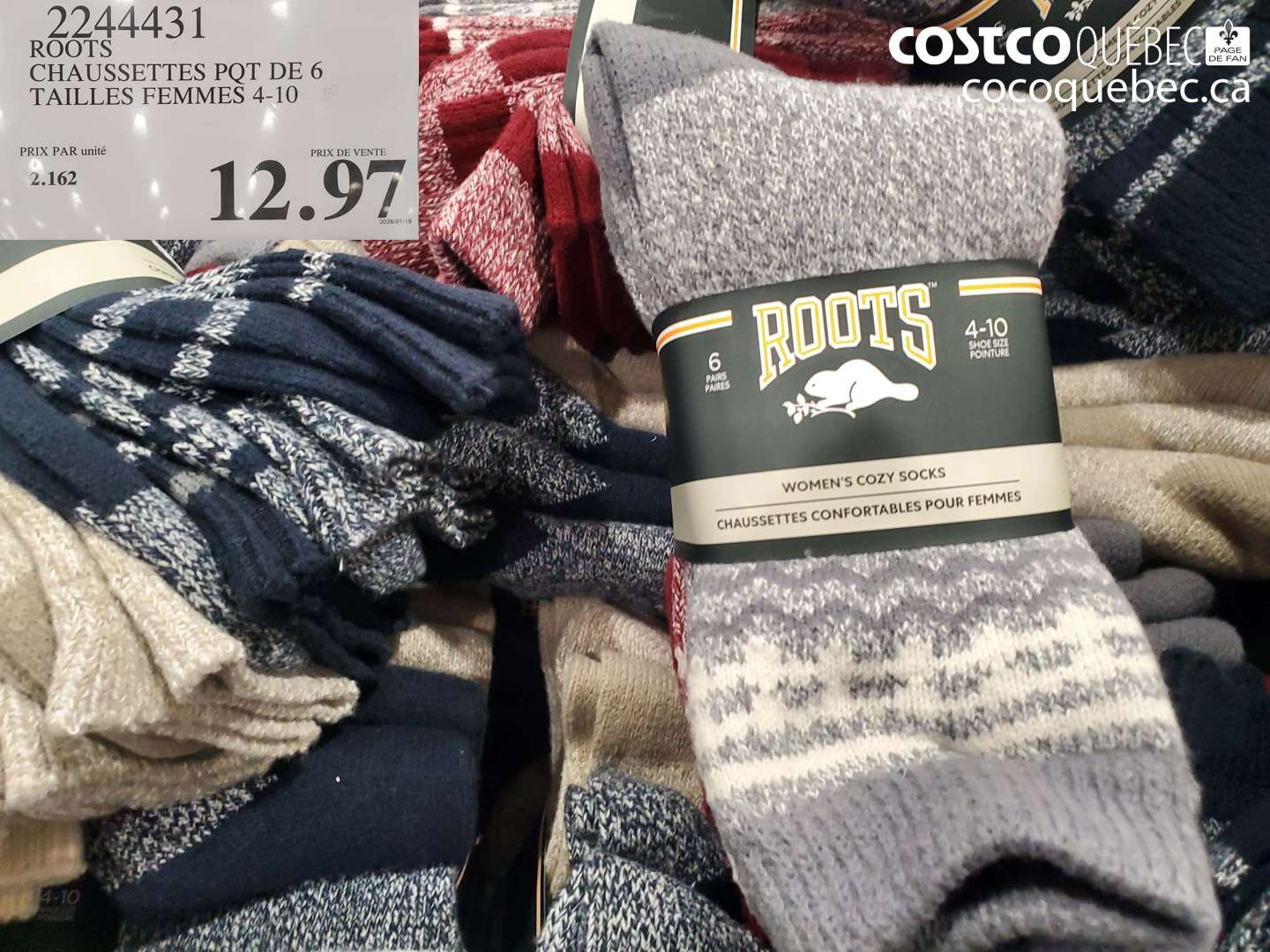 2244431 ROOTS CHAUSSETTES PQT DE 6 TAILLES FEMMES 4-10 $12.97