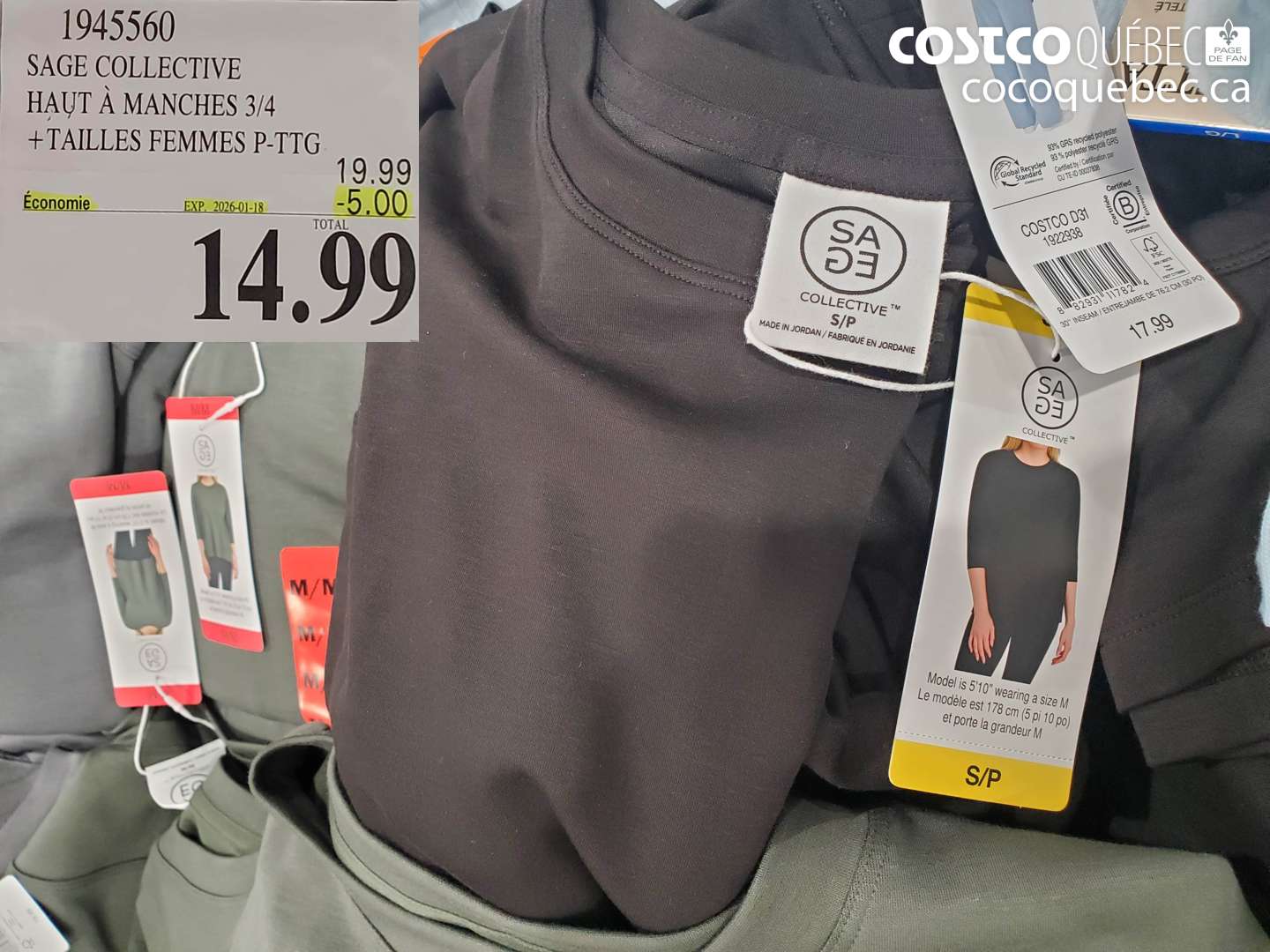 1945560 SAGE COLLECTIVE HAUT À MANCHES 3/4 + TAILLES FEMMES P-TTG ($5.00 INSTANT SAVINGS EXPIRES ON 2026-01-18) $14.99