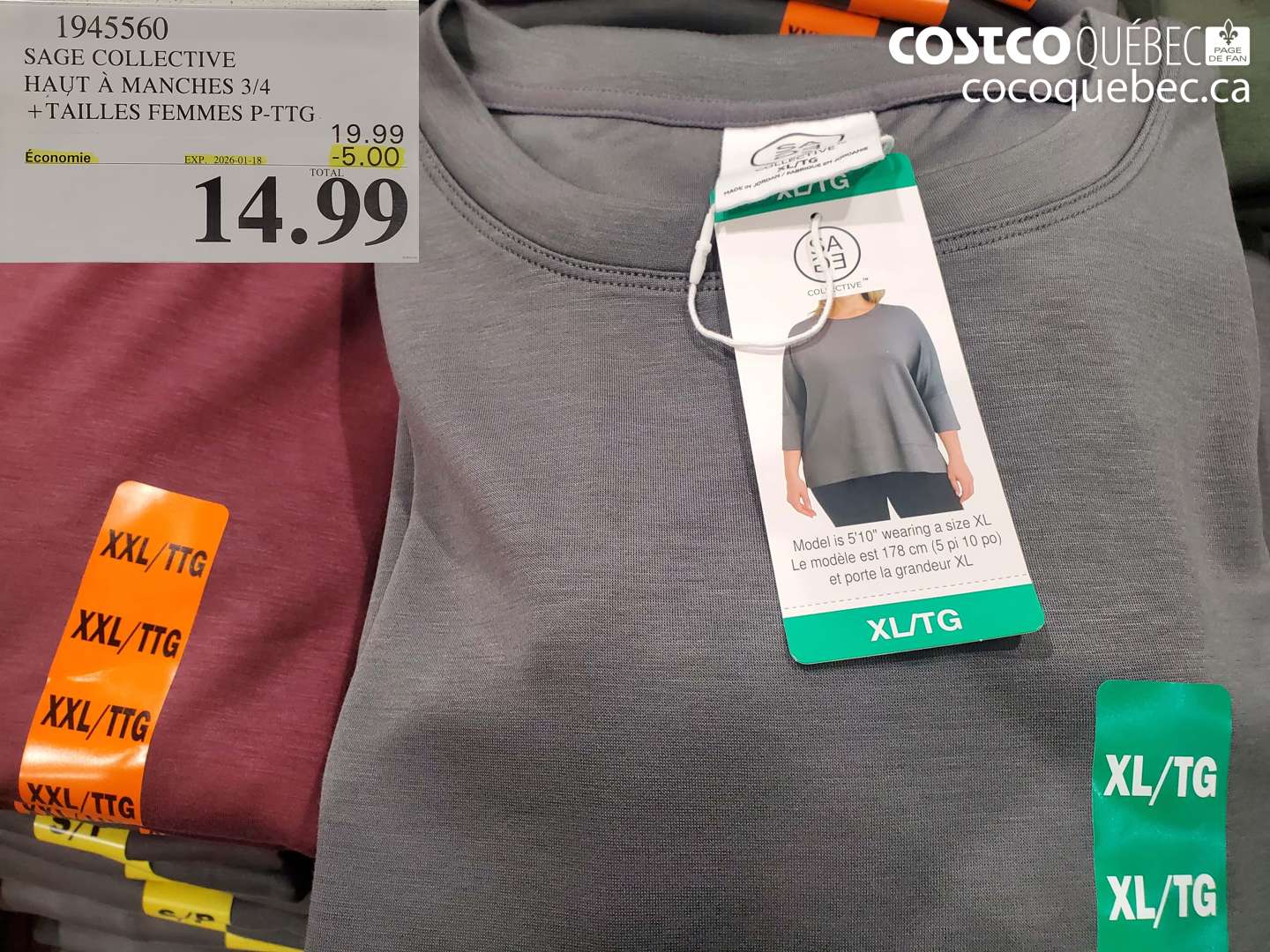 1945560 SAGE COLLECTIVE HAUT À MANCHES 3/4 + TAILLES FEMMES P-TTG ($5.00 INSTANT SAVINGS EXPIRES ON 2026-01-18) $14.99
